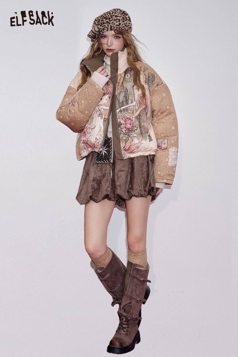 ELFSACK suede bloomer mini skirt styled with a patterned oversized jacket and knee-high boots