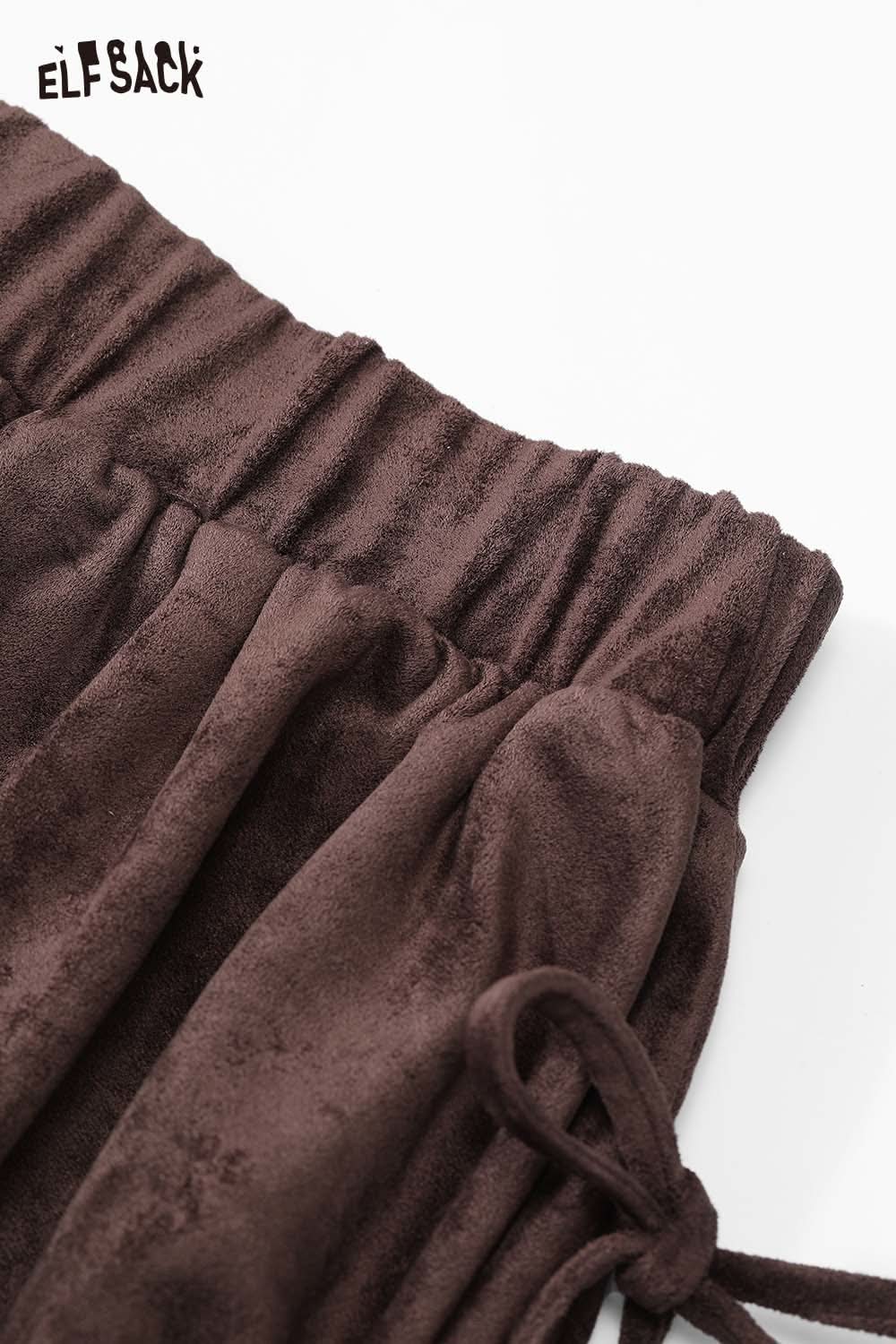 ELFSACK suede bloomer mini skirt in rich brown fabric with a comfortable elastic waistband