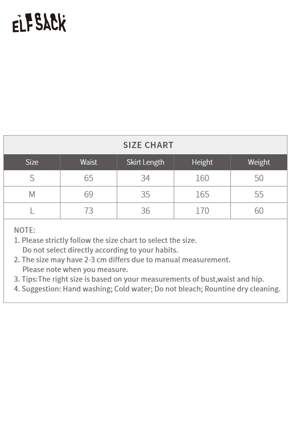 ELFSACK suede bloomer mini skirt size chart with measurement guidelines for waist and height.