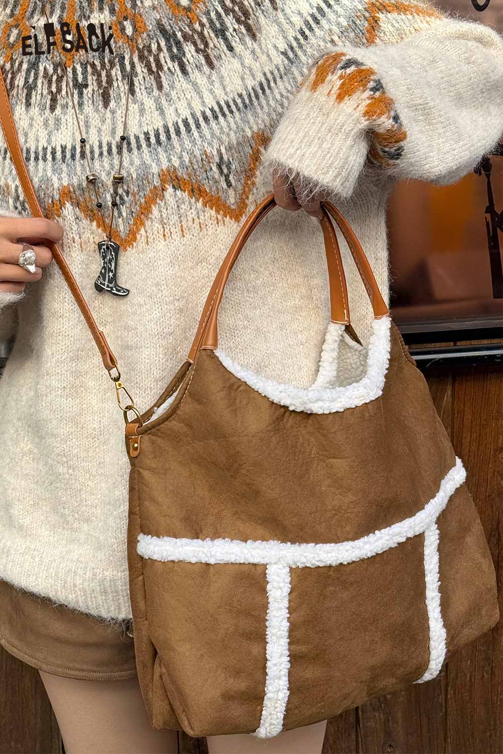 ELFSACK suede lambswool crossbody bag in brown with soft texture and stylish design