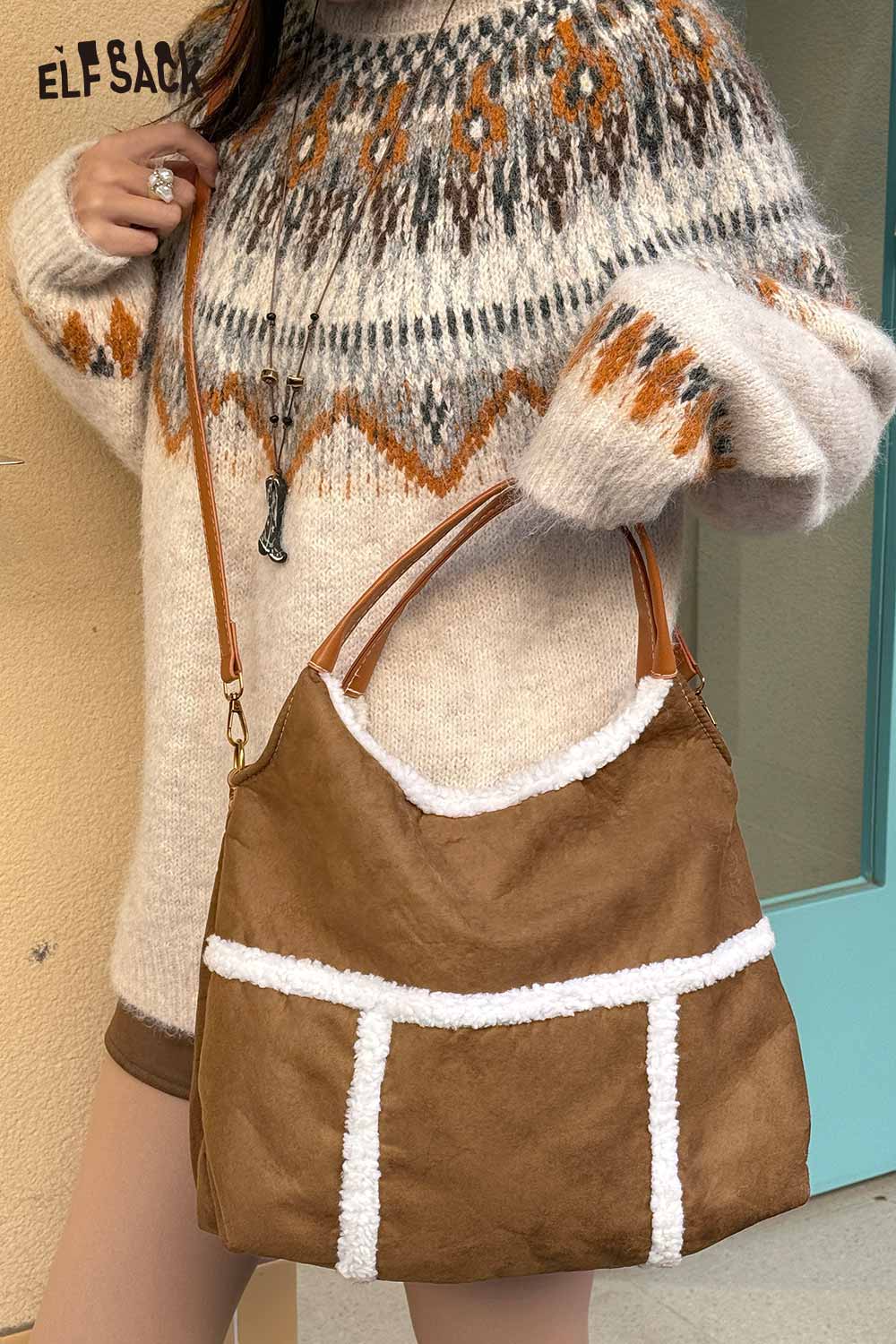 ELFSACK suede lambswool crossbody bag featuring a stylish design with soft accents