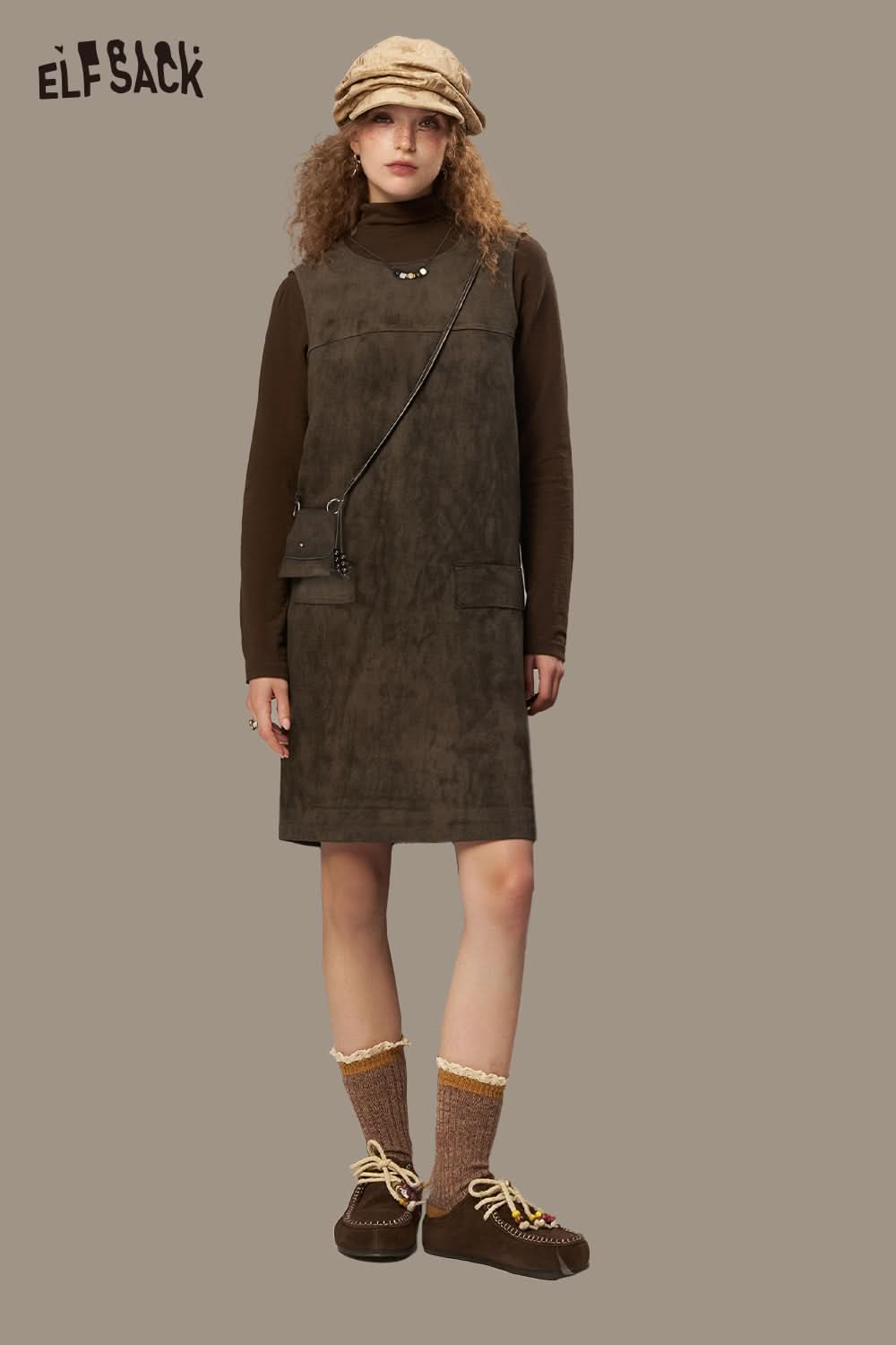 ELFSACK suede paneled turtleneck dress in brown with a chic casual design, paired with stylish accessories