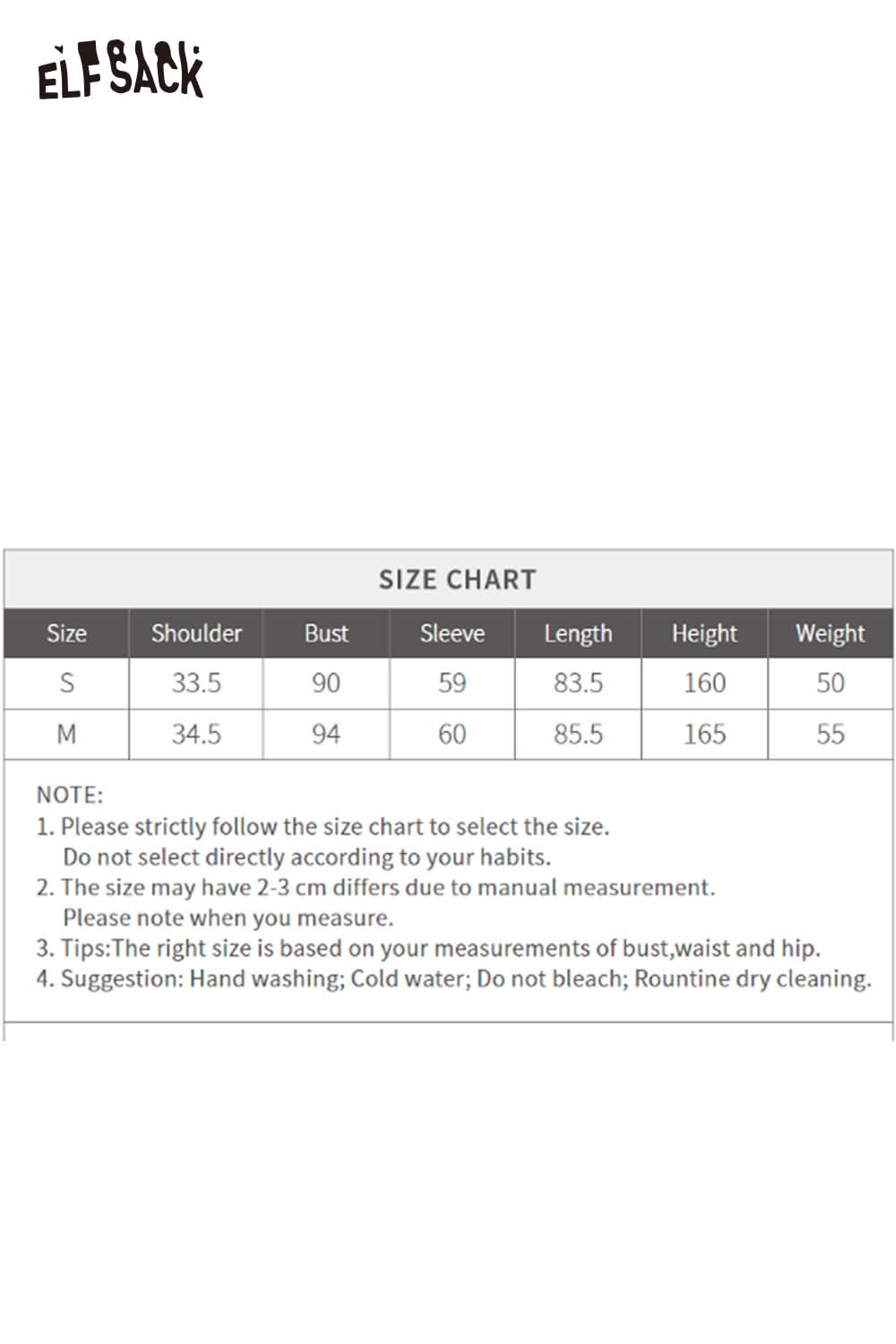 ELFSACK suede paneled turtleneck dress size chart for S and M with measurements for optimal fit