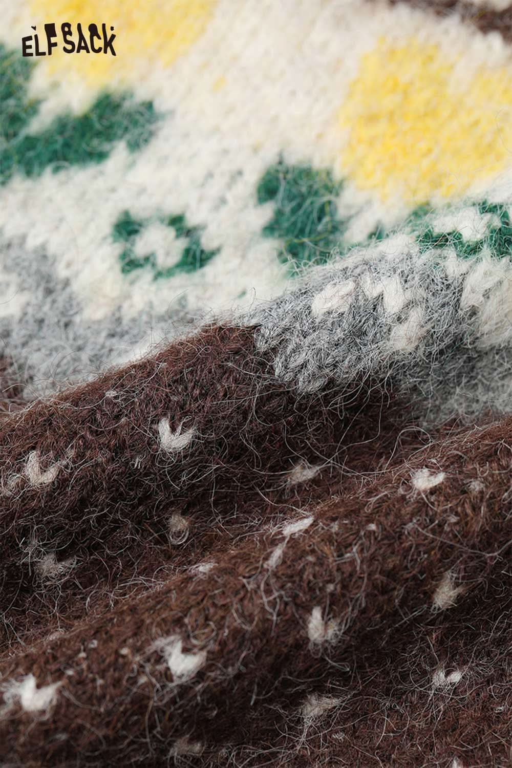 Close-up of ELFSACK polka dot floral knit sweater showcasing vibrant colors and soft texture