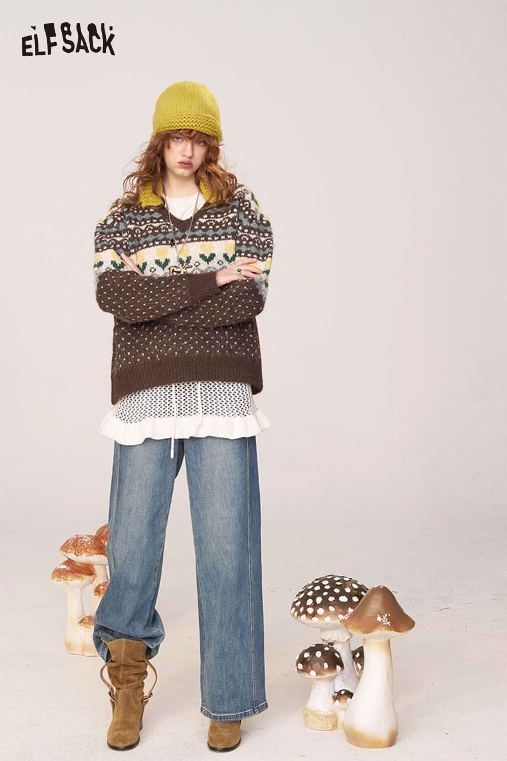 ELFSACK polka dot floral knit sweater in brown with colorful patterns, styled for a trendy look