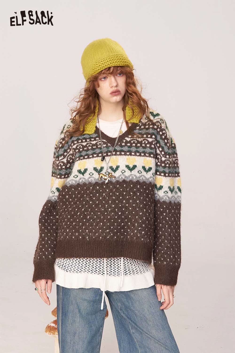 ELFSACK polka dot floral knit sweater featuring a cozy design and colorful patterns