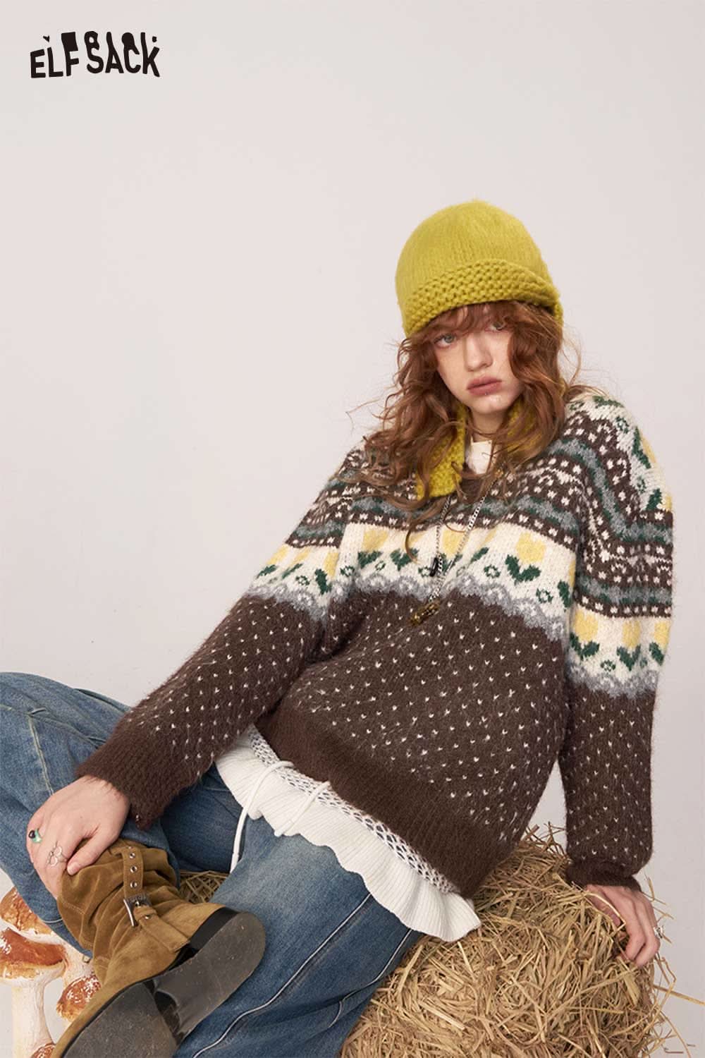 ELFSACK polka dot floral knit sweater in brown with colorful patterns, perfect for cozy layering