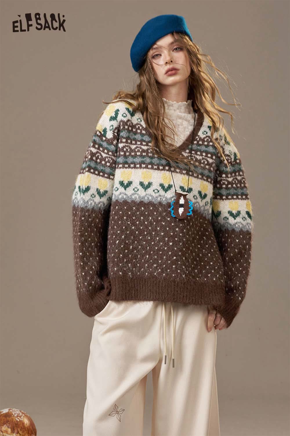 ELFSACK polka dot floral knit sweater in brown with vibrant patterns for a cozy, stylish look