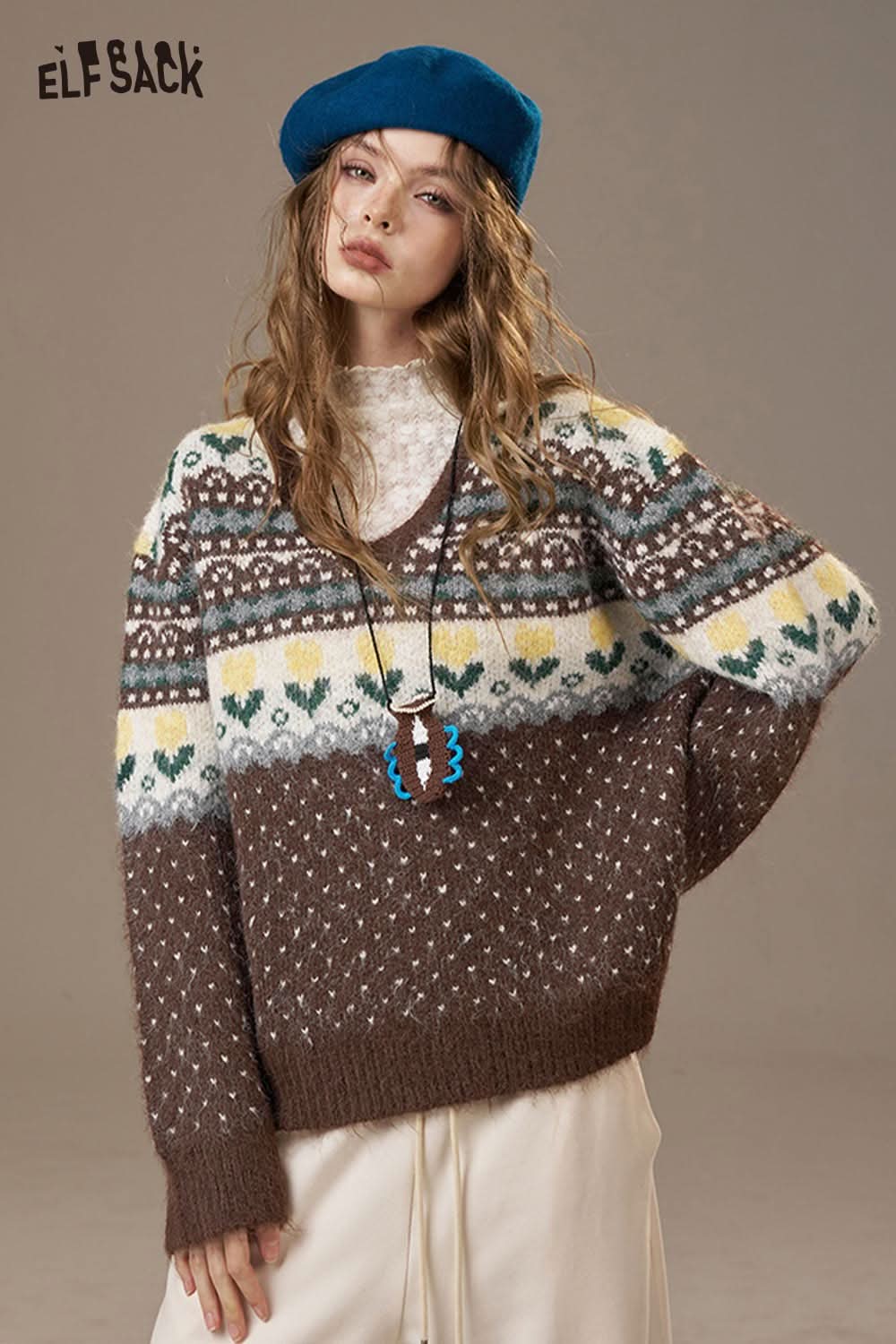 ELFSACK polka dot floral knit sweater with a colorful pattern and cozy fit for stylish winter looks
