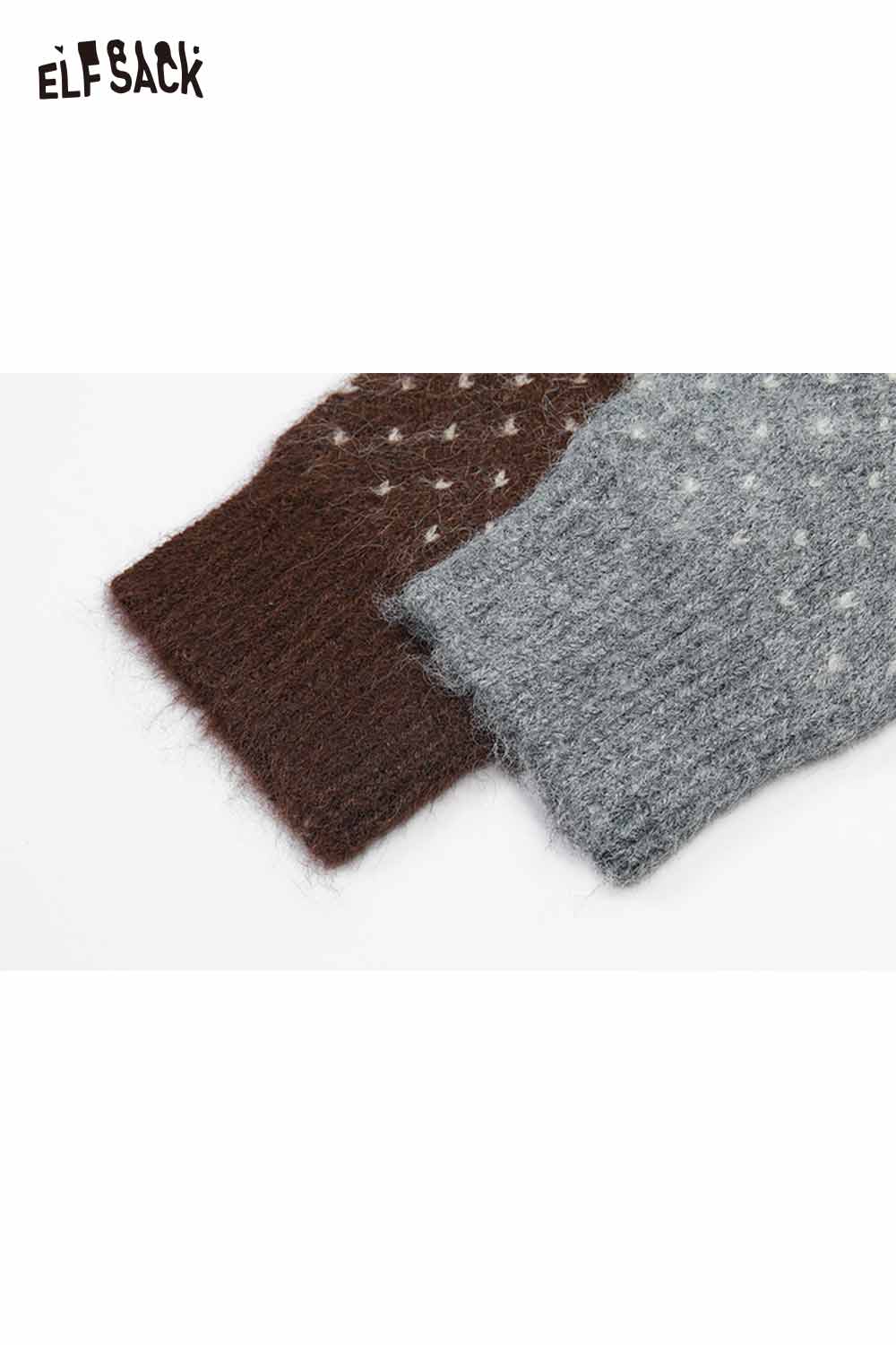 ELFSACK polka dot floral knit sweater in brown and gray with soft texture and unique design