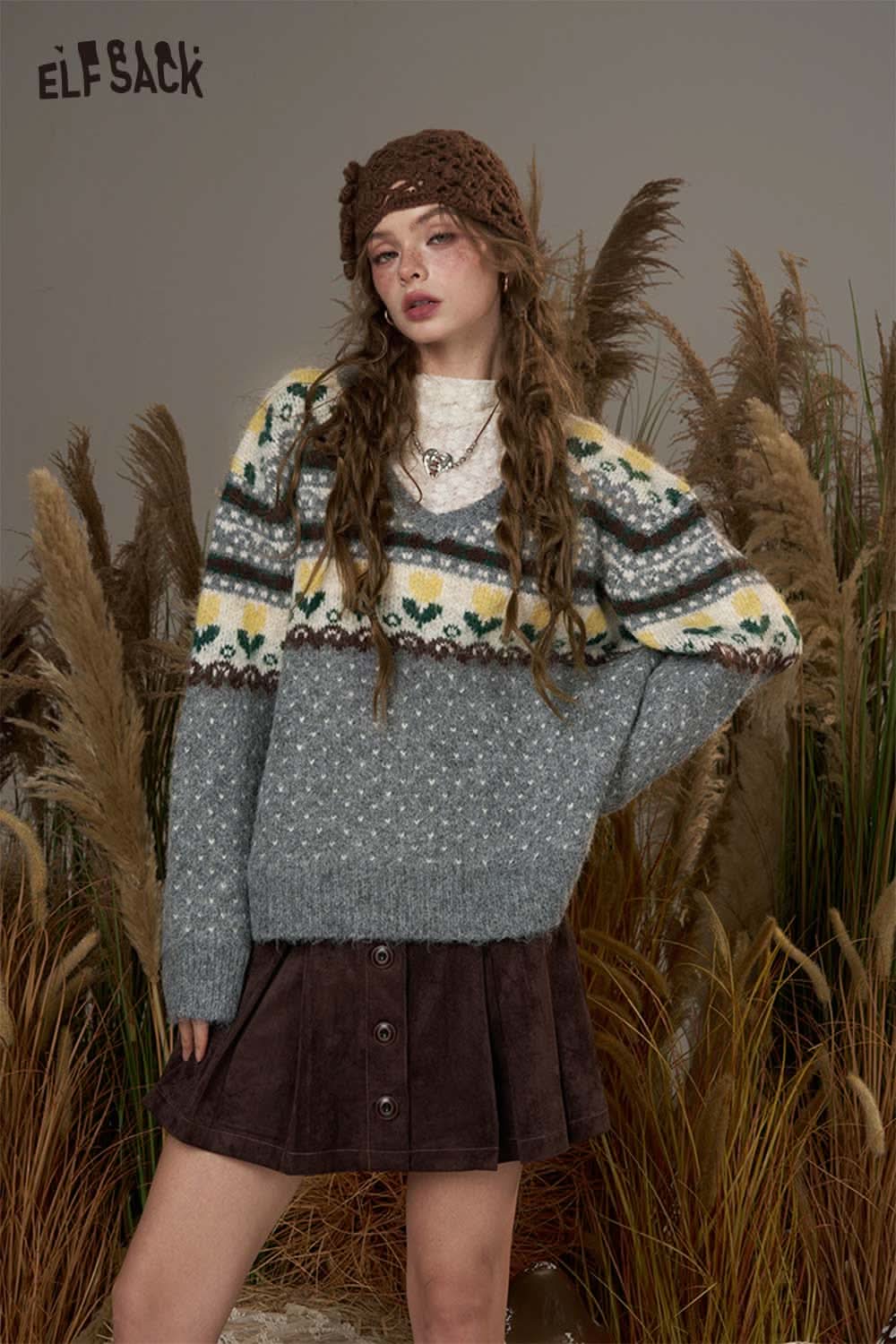 ELFSACK polka dot floral knit sweater featuring a cozy design with colorful patterns