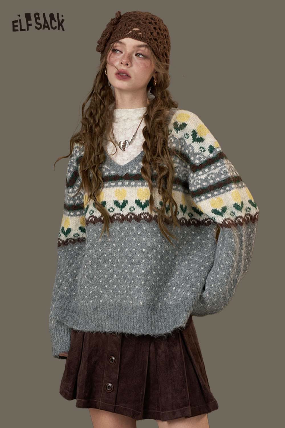 ELFSACK polka dot floral knit sweater in gray with colorful pattern, perfect for cozy layering