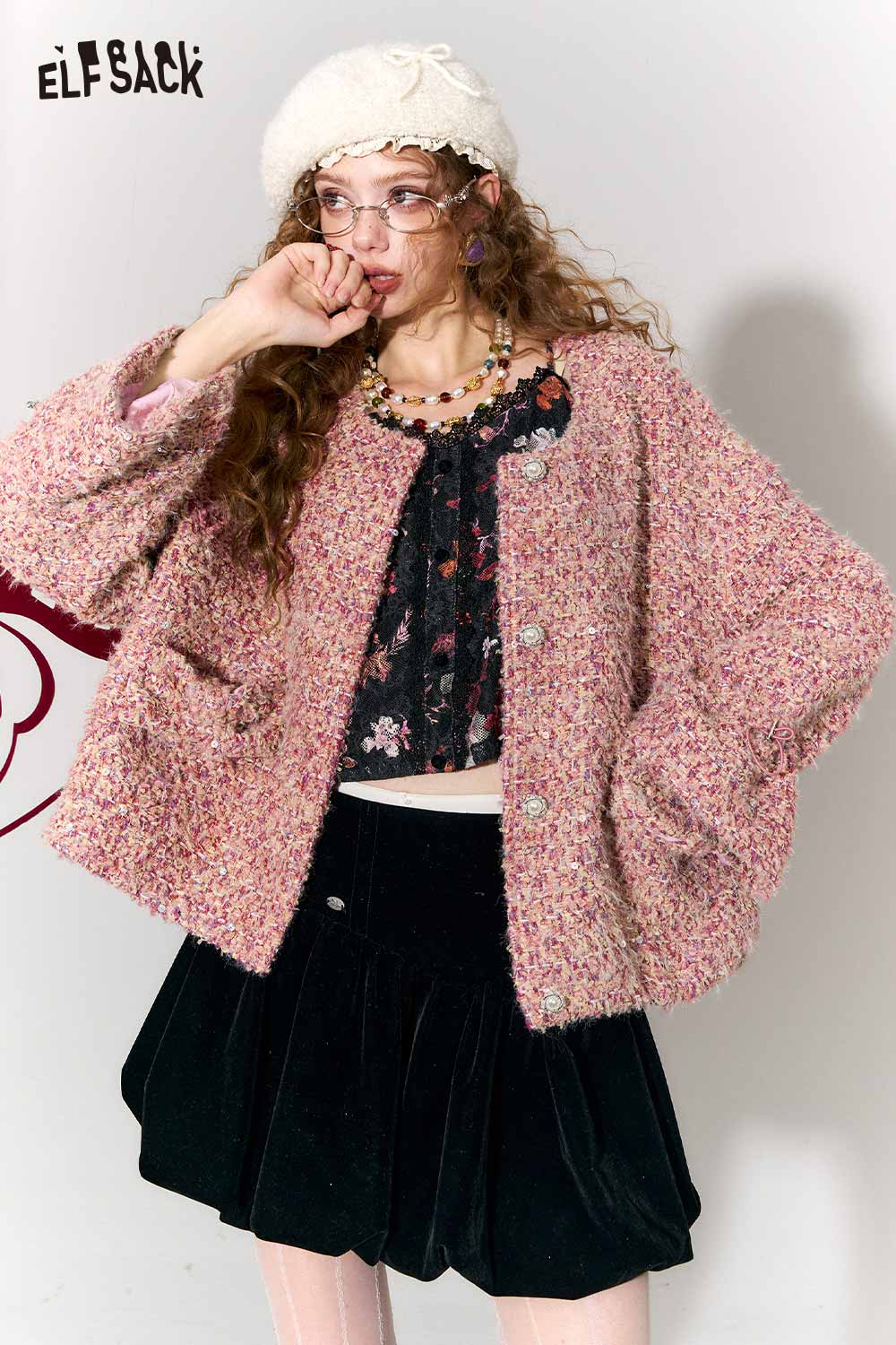Stylish sweet faux wool jacket women in pink with floral accents, perfect for a chic winter outfit