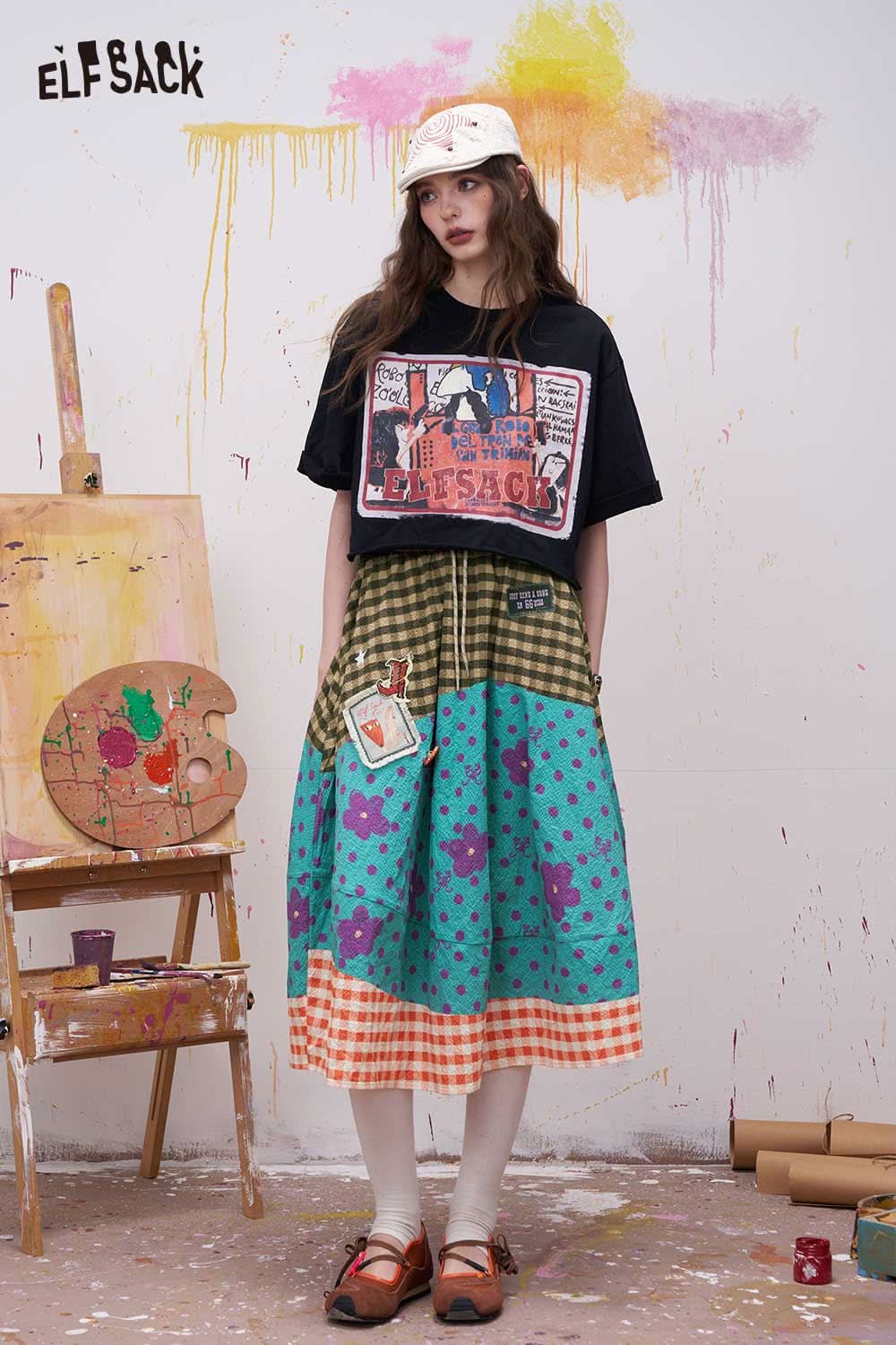 ELFSACK Sweet Floral Gingham Print Midi Skirt