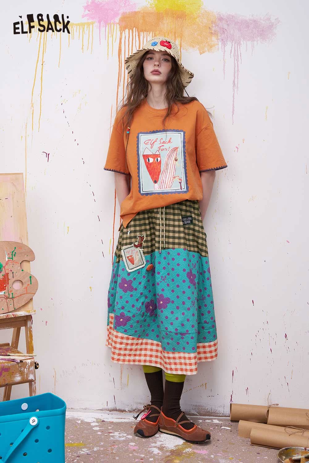 ELFSACK Sweet Floral Gingham Print Midi Skirt