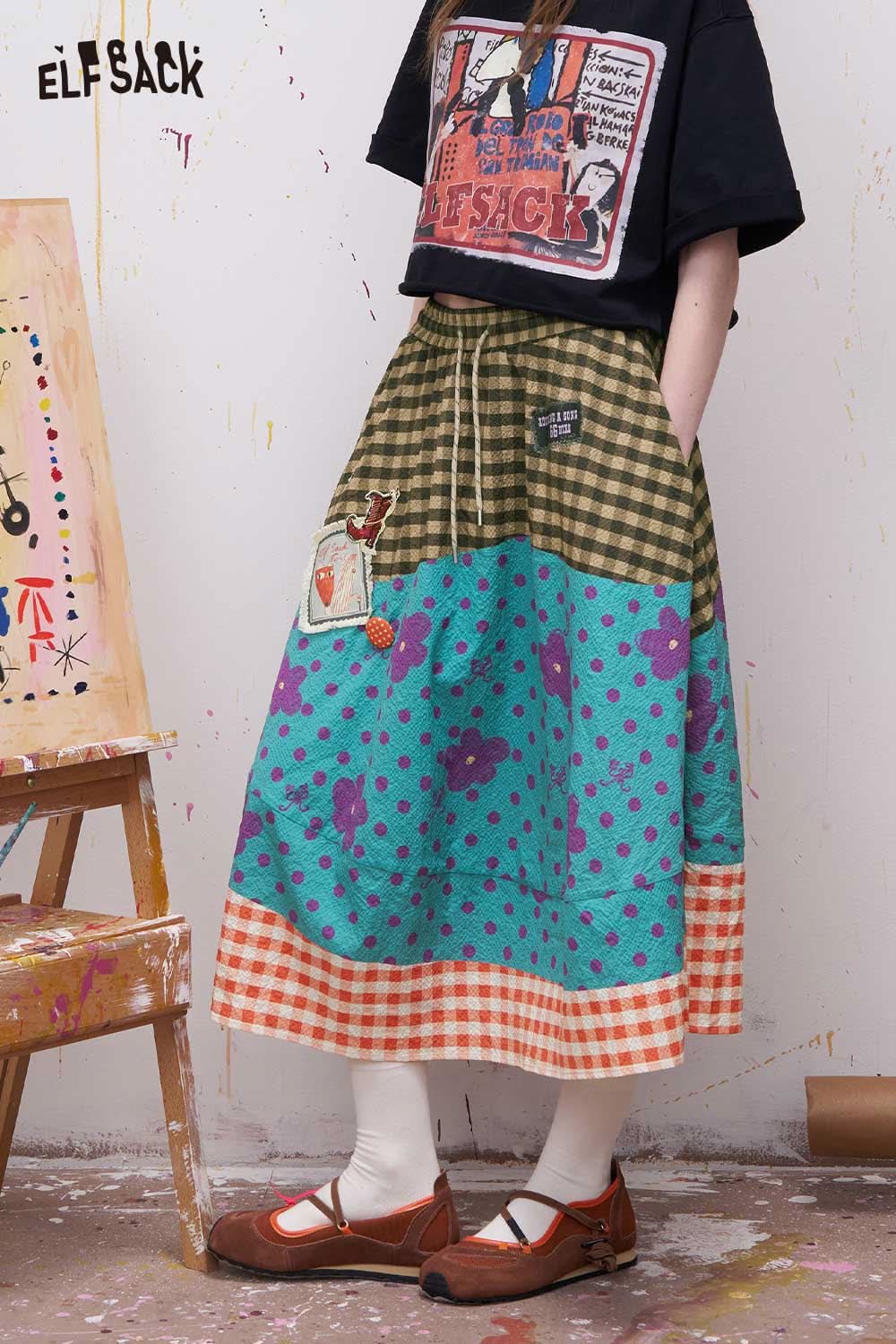 ELFSACK Sweet Floral Gingham Print Midi Skirt