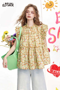 Sweet Floral Print Ruffled Blouse