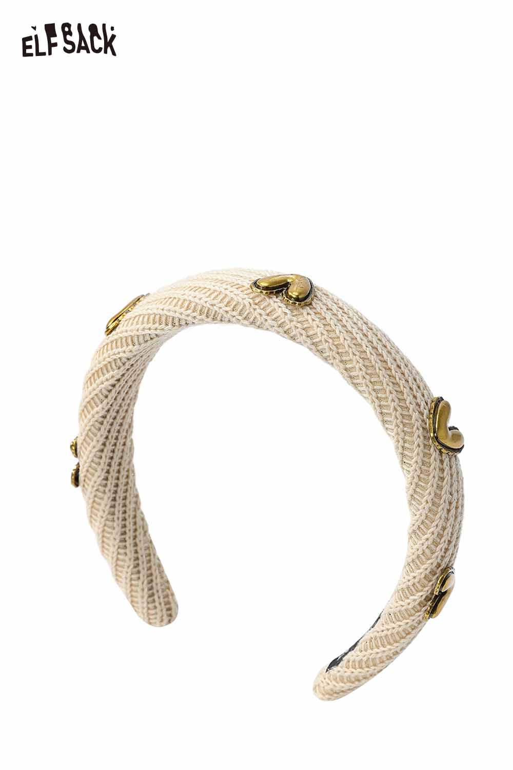 ELFSACK sweet metal heart knit headband in cream with decorative metal heart accents