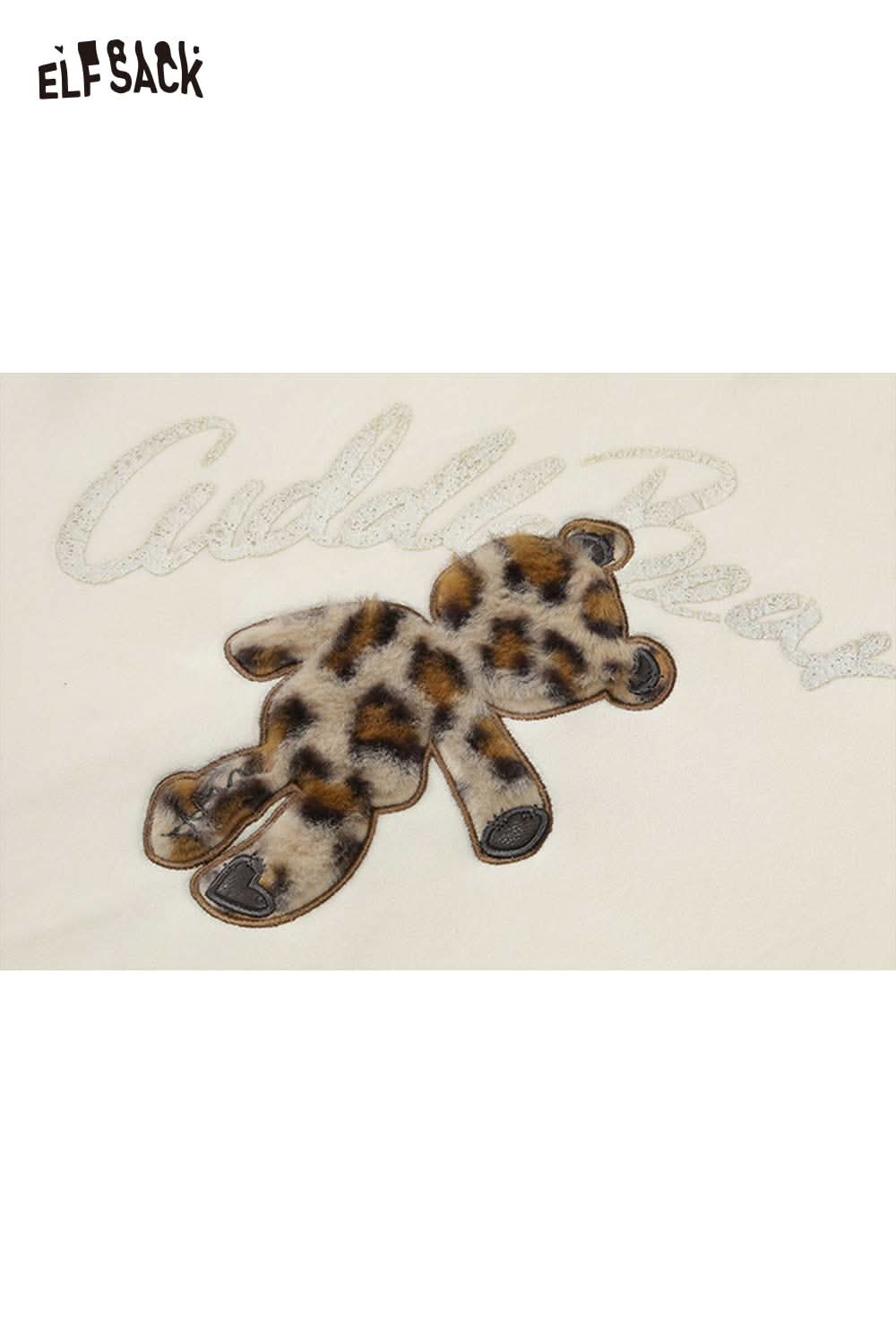 ELFSACK teddy bear applique hoodie featuring a cute leopard print bear design