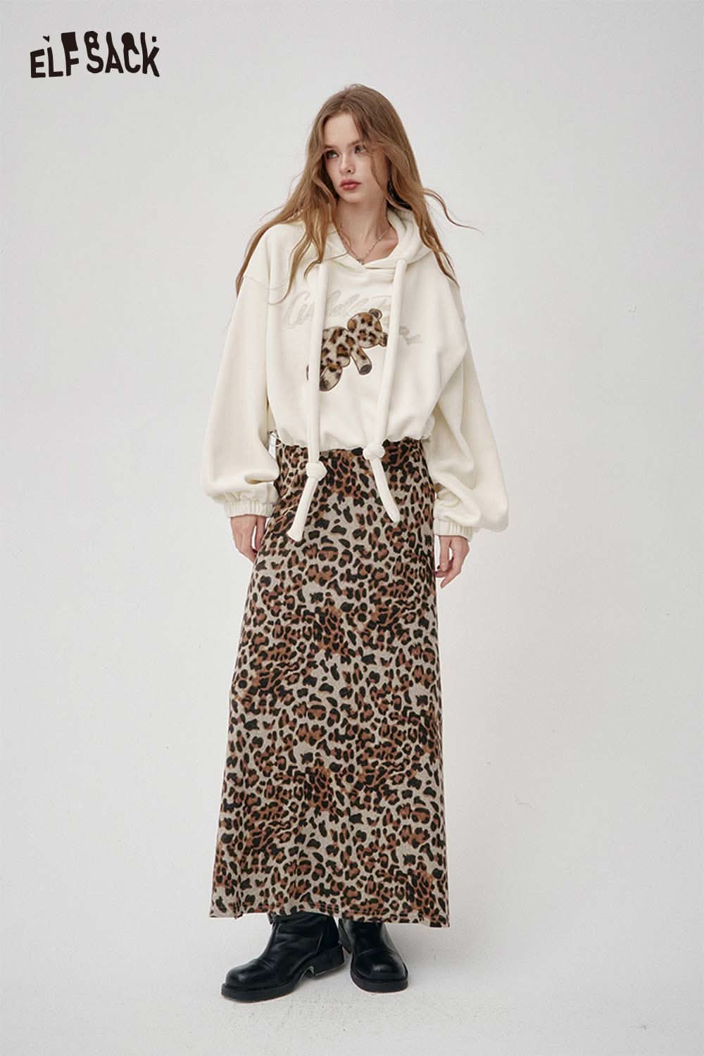 ELFSACK teddy bear applique hoodie in cream with matching leopard print skirt for a trendy look