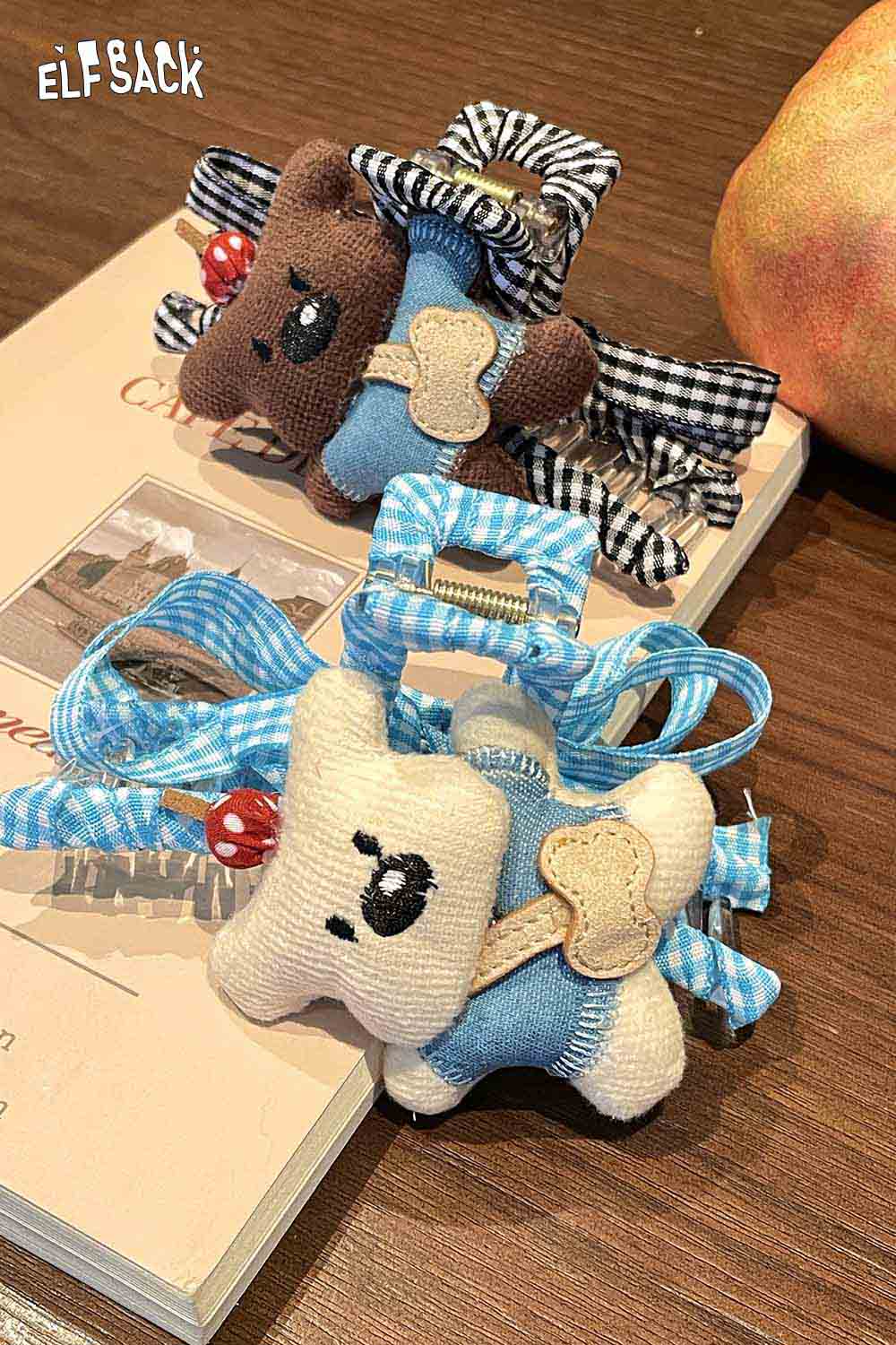 ELFSACK teddy bear hair clip in brown and cream with cute designs and colorful ribbons