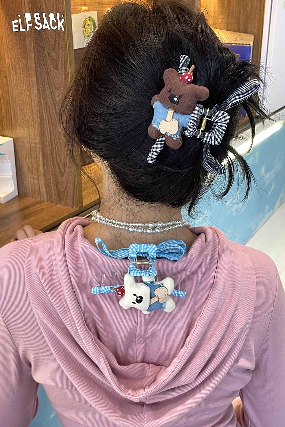 ELFSACK teddy bear hair clip in brown and white for cute, playful hairstyles