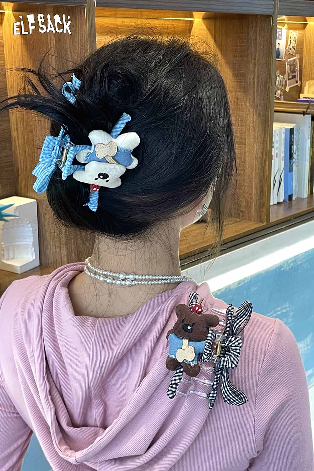 ELFSACK teddy bear hair clip collection styled in a woman's hair with colorful bows