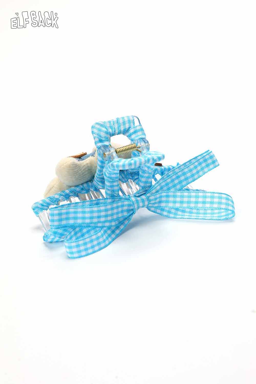 ELFSACK blue gingham teddy bear hair clip with a cute bow for stylish hair accessories