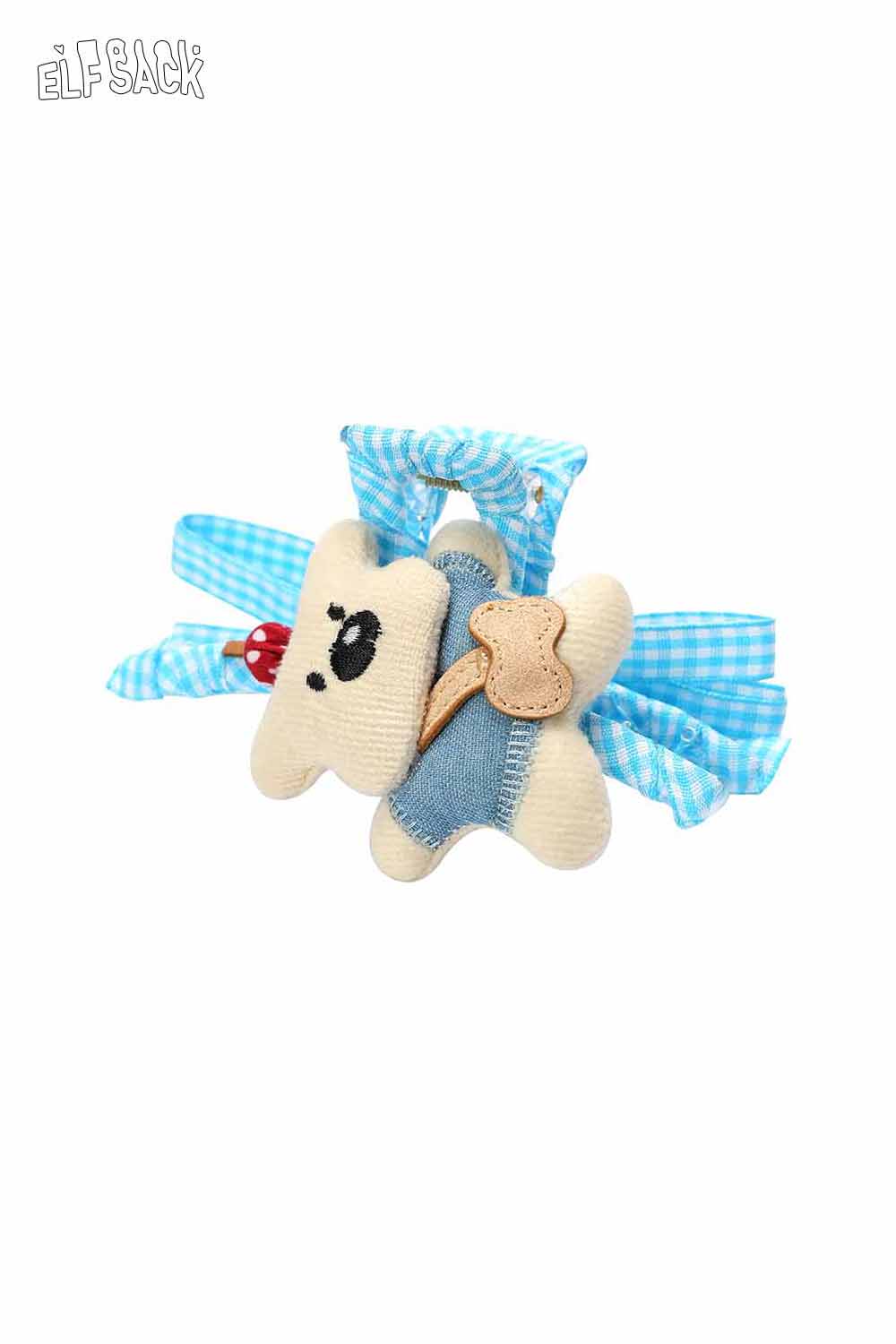 Cute ELFSACK teddy bear hair clip with blue gingham ribbon and a charming bear design