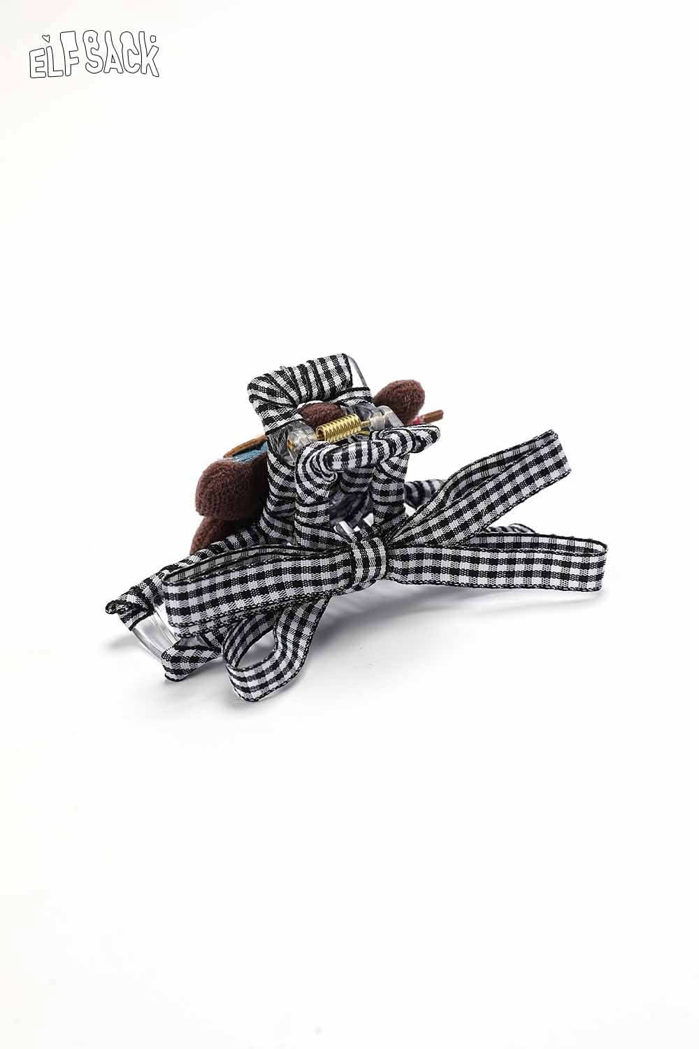ELFSACK teddy bear hair clip with a black and white gingham bow for stylish hair accessories
