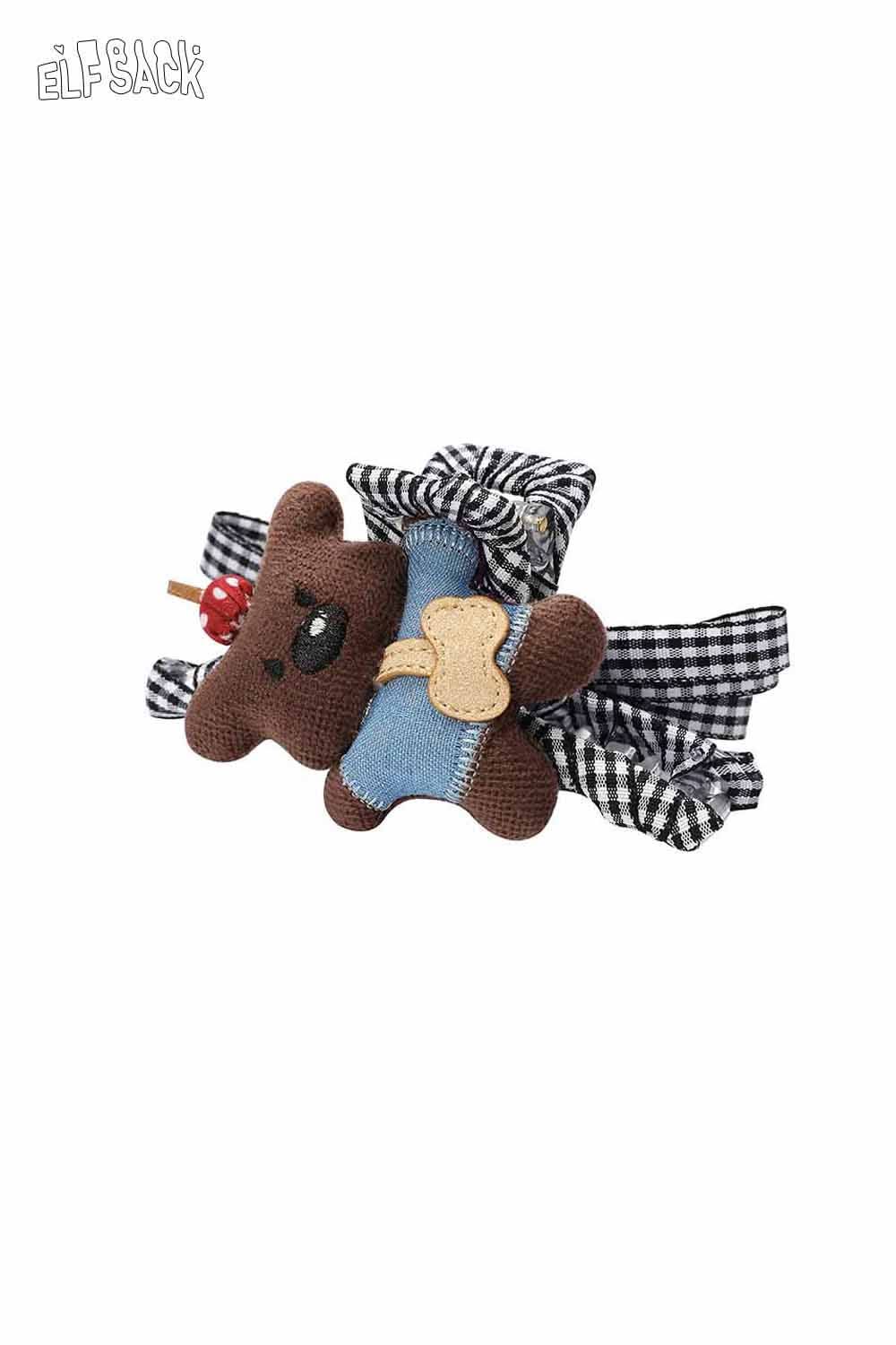 Cute ELFSACK teddy bear hair clip with denim design and plaid ribbons for stylish hair accessories
