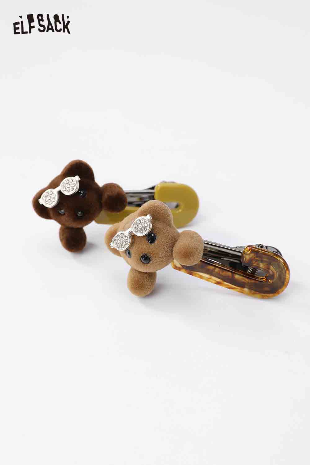 Two ELFSACK teddy bear hair clips in brown and yellow for a cute hairstyle accessory