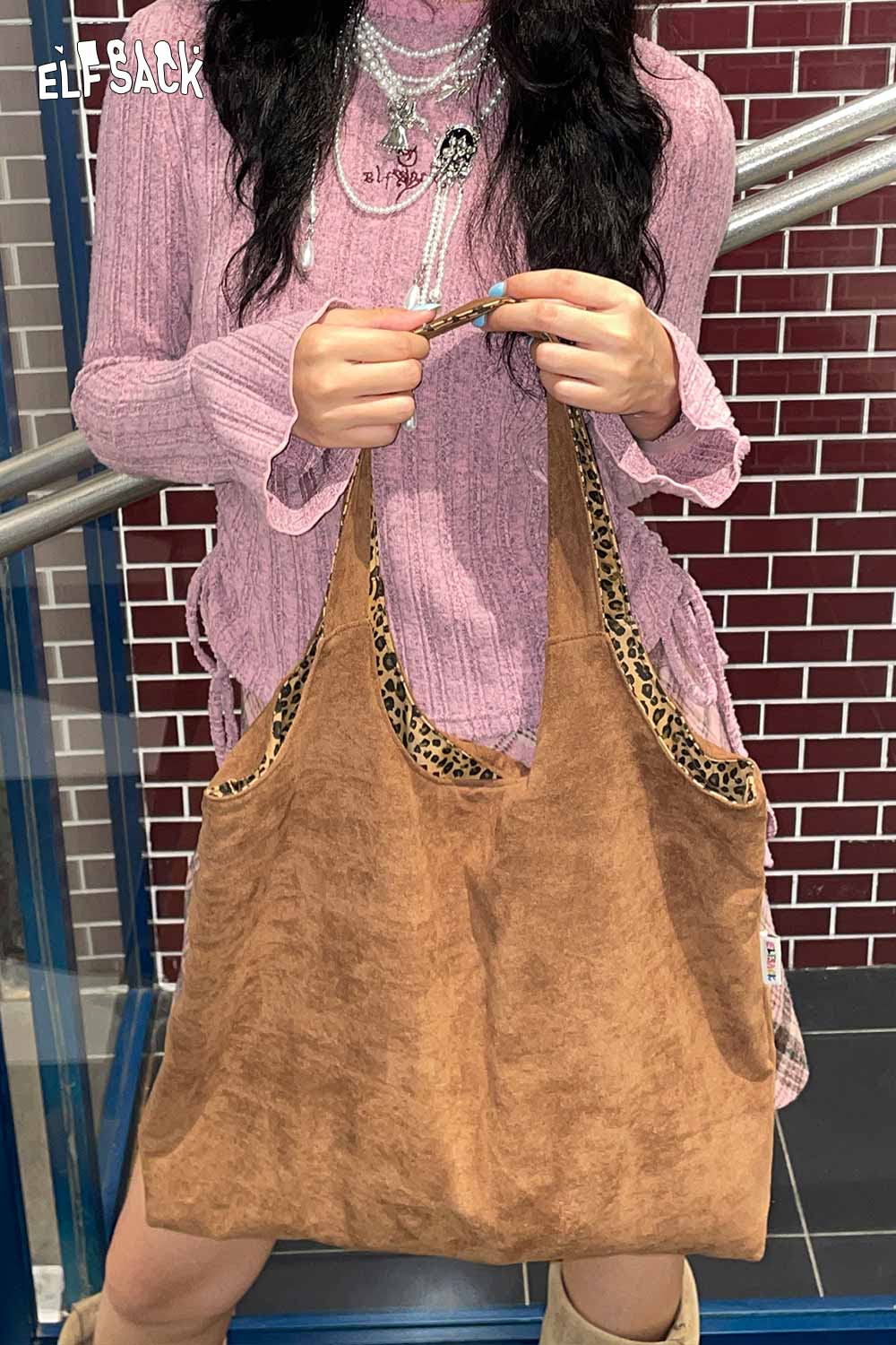 ELFSACK textured oversized hobo bag with leopard print lining for a trendy accessory look