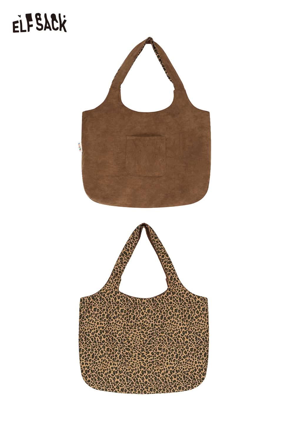 Textured oversized hobo bag by ELFSACK featuring a brown suede finish and leopard print design