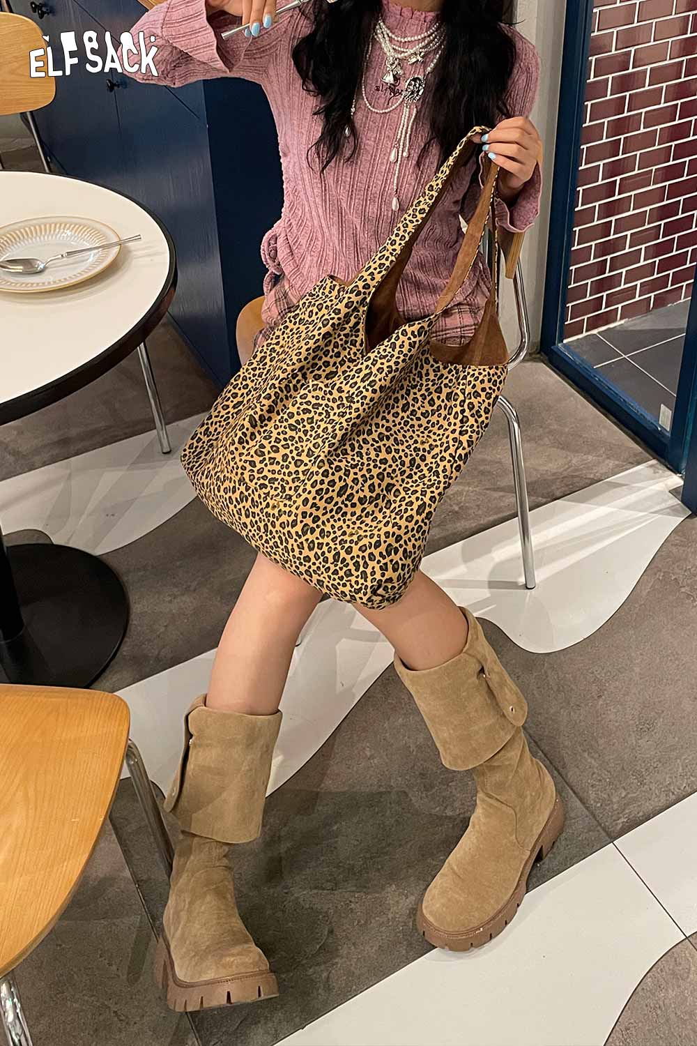 ELFSACK textured oversized hobo bag in leopard print perfect for everyday use