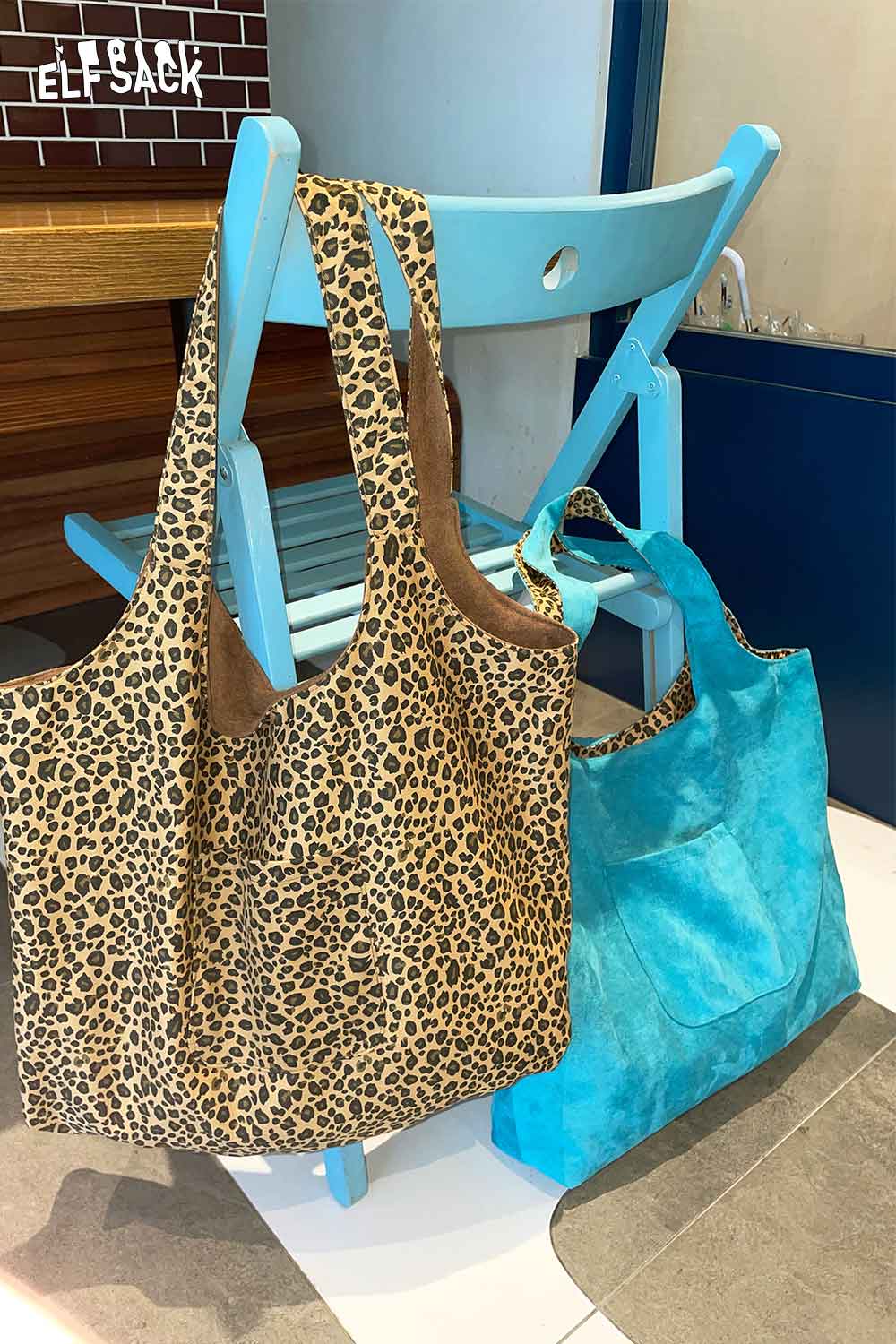 Two stylish bags featuring a textured oversized hobo bag in cheetah print and a turquoise bag