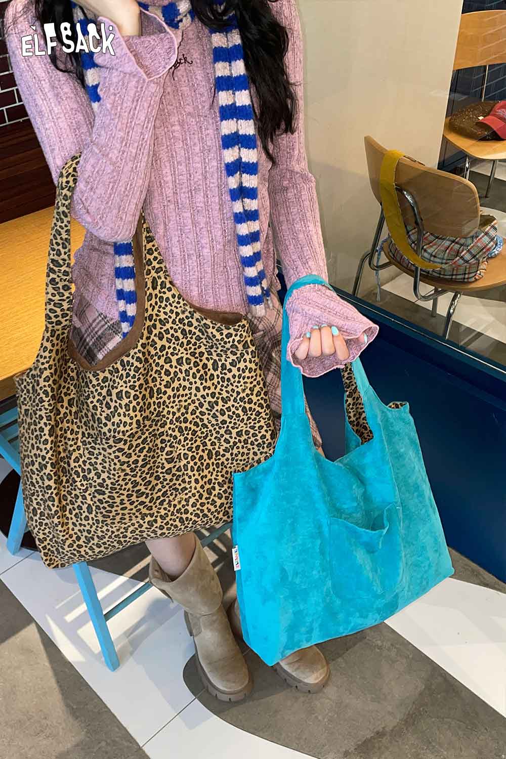ELFSACK textured oversized hobo bag in leopard print and turquoise for stylish daily use