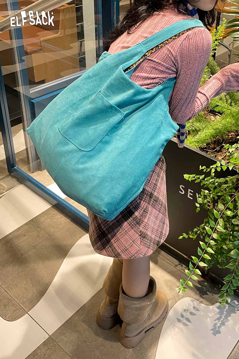 ELFSACK textured oversized hobo bag in teal with a spacious design and front pocket for everyday use