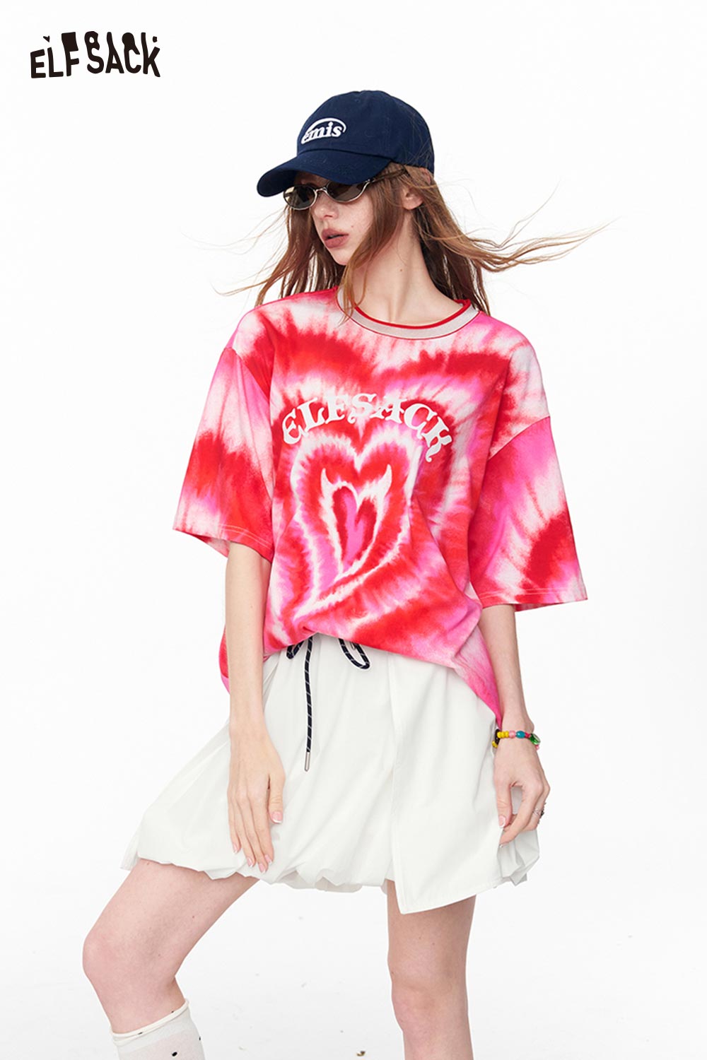 ELFSACK Tie-Dye Heart Print Oversized T-Shirt