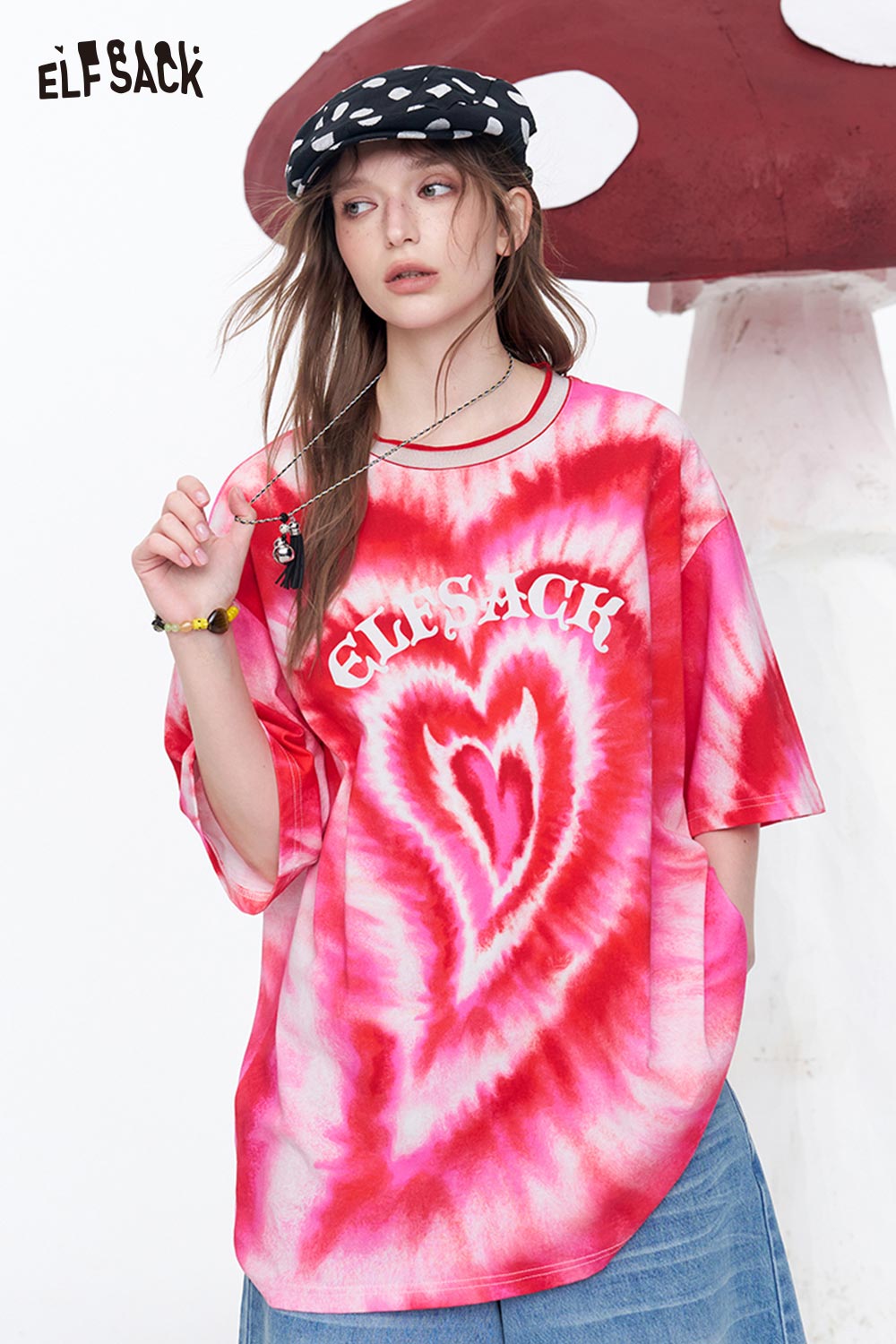 ELFSACK Tie-Dye Heart Print Oversized T-Shirt