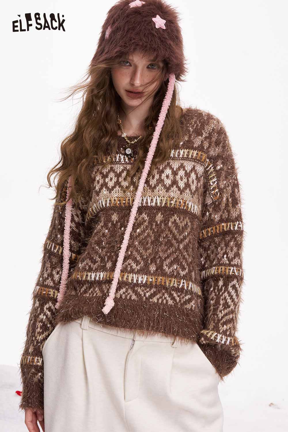 ELFSACK trendy cropped glitter sweater in brown with a cozy patterned design and stylish hood