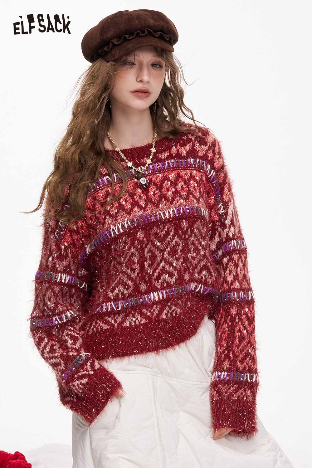 ELFSACK trendy cropped glitter sweater in red with patterned design and relaxed fit