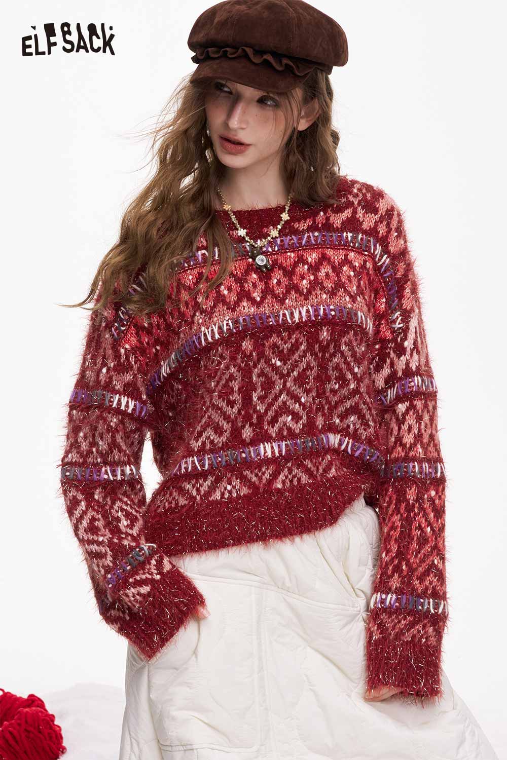 ELFSACK trendy cropped glitter sweater in red with intricate pattern and relaxed fit for a stylish look