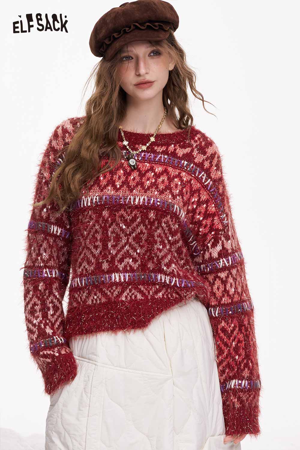 ELFSACK trendy cropped glitter sweater in red with vibrant patterns and relaxed fit