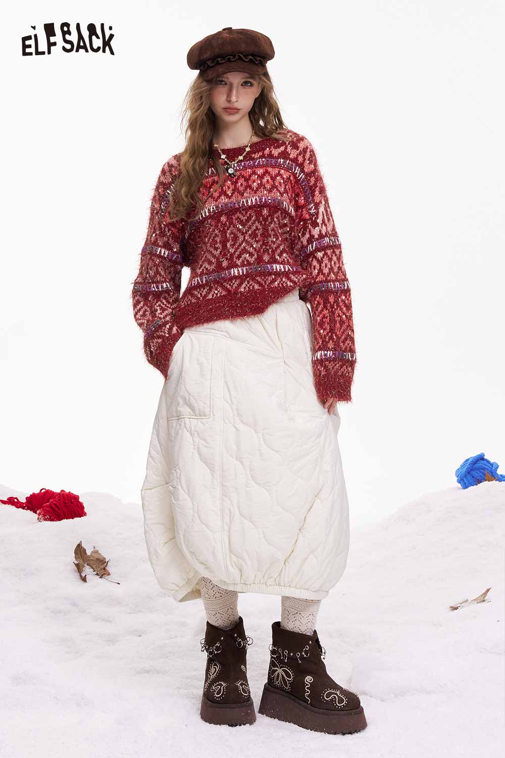 ELFSACK trendy cropped glitter sweater in red with cozy knit pattern, styled with a white skirt and boots