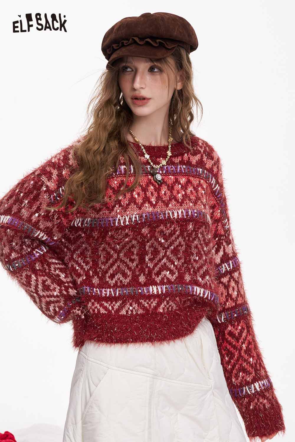 ELFSACK trendy cropped glitter sweater in red with cozy pattern and oversized fit for stylish layering