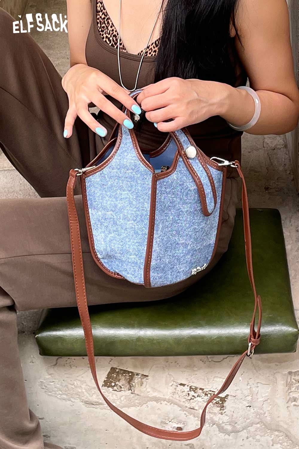ELFSACK upcycled denim crossbody bag with a trendy design, perfect for casual outings