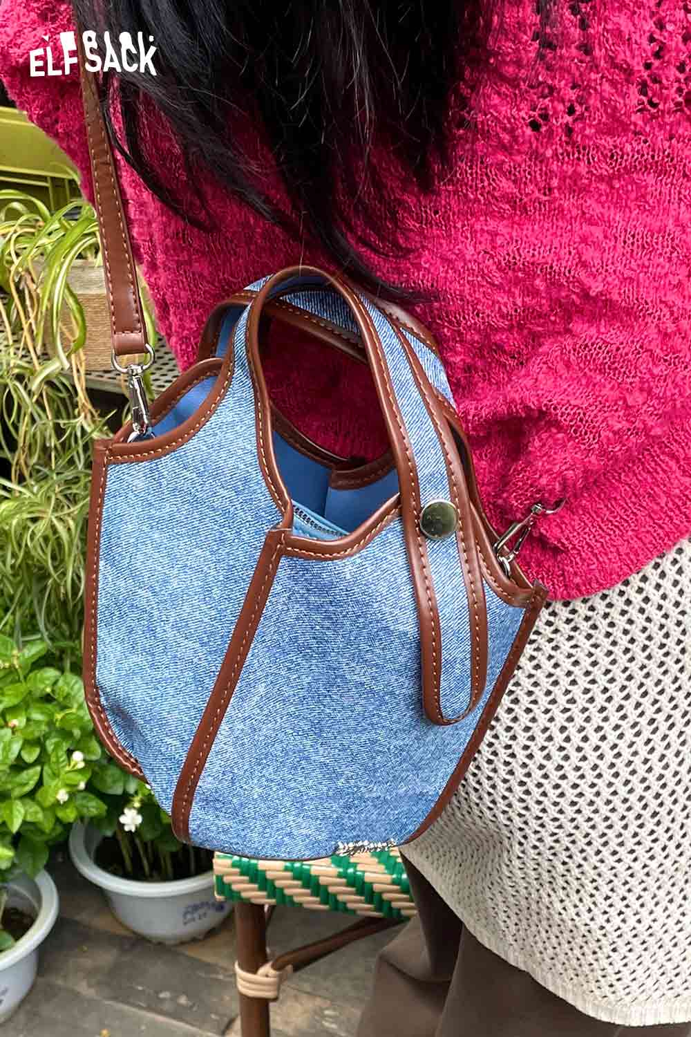 ELFSACK upcycled denim crossbody bag with brown leather straps and stylish design for everyday use