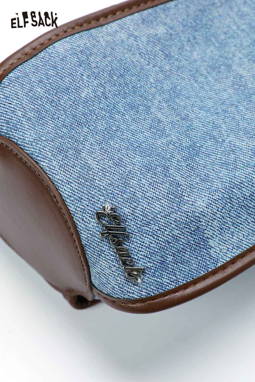 ELFSACK upcycled denim crossbody bag with stylish brown leather accents