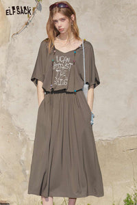 ELFSACK V-Neck Letter Print Cinched Waist Maxi Dress